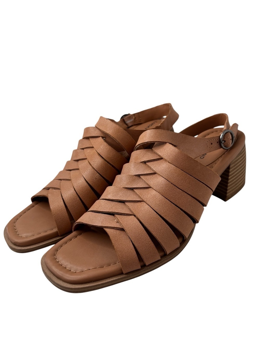 Lucky Brand JACINA Sandal 9.5 Tan Leather Open Toe Strappy Block Heel Slingback